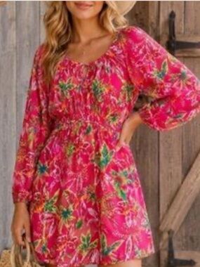 Easel Tropical Floral Smocked Mini Dress NWT Size L Balloon Sleeve Pink Green